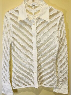 Zeeba Wht Sheer Lace Chevron Button Dwn Shirt Blouse Long Sleeve Wom S Coquette